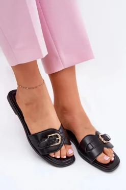 Płaskie Klapki Damskie Ze Złotą Klamrą Czarne Esiobb