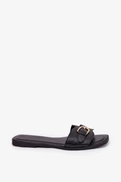 Płaskie Klapki Damskie Ze Złotą Klamrą Czarne Esiobb