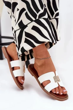 Płaskie Klapki Z Wycięciami I Ozdobą Białe Bohalis