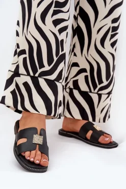 Płaskie Klapki Z Wycięciami I Ozdobą Czarne Bohalis