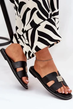 Płaskie Klapki Z Wycięciami I Ozdobą Czarne Bohalis