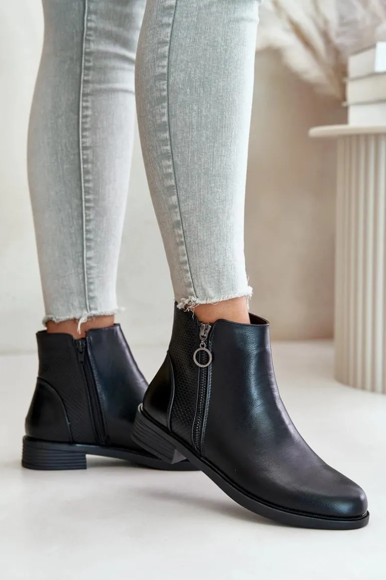 Płaskie Ocieplane Botki Z Niską Cholewką Czarne Kerima