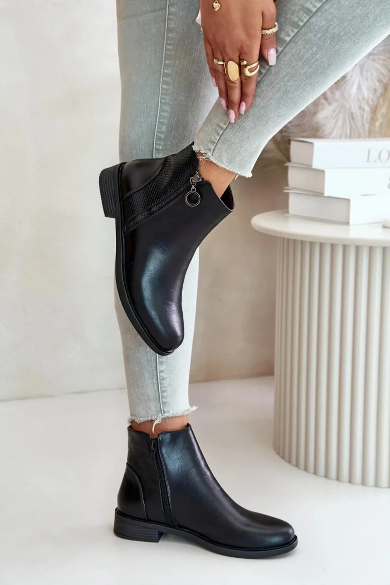 Płaskie Ocieplane Botki Z Niską Cholewką Czarne Kerima