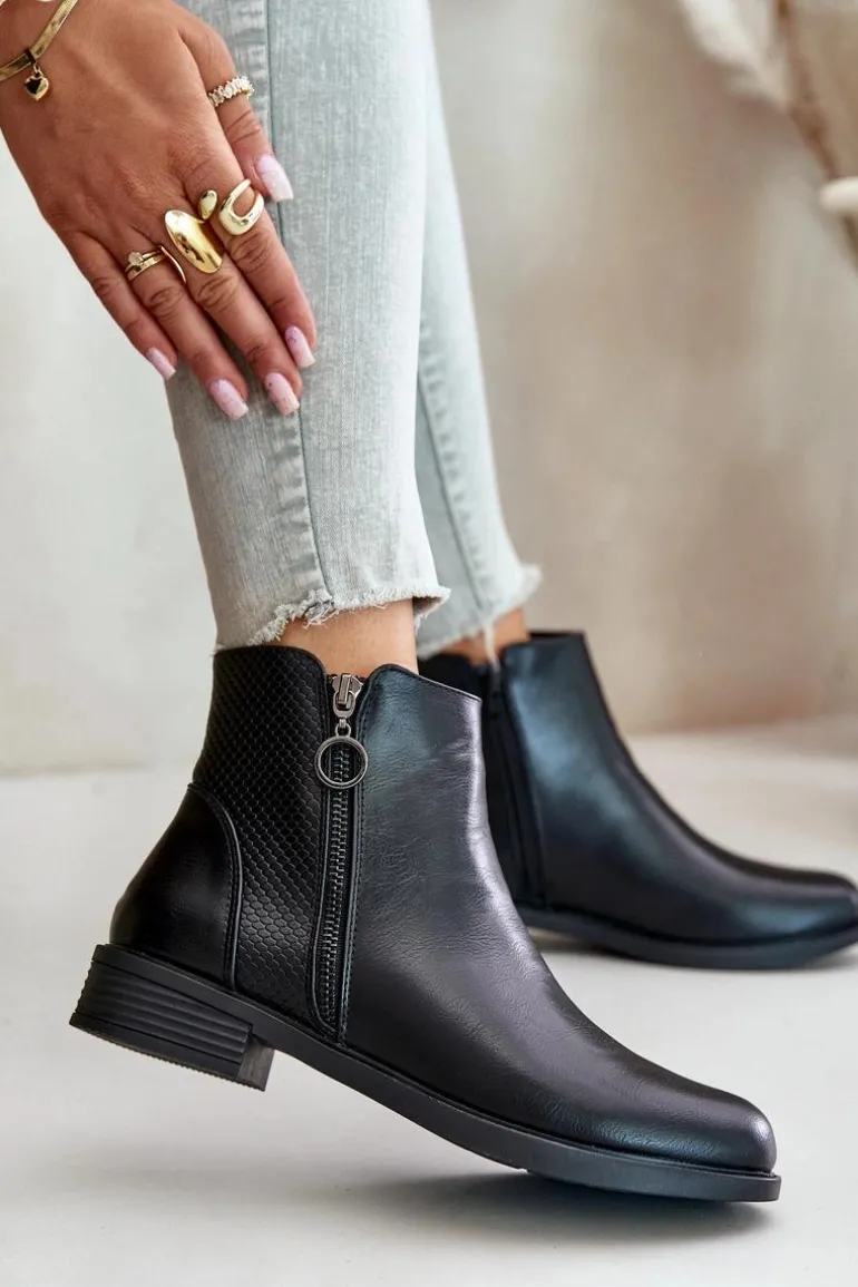 Płaskie Ocieplane Botki Z Niską Cholewką Czarne Kerima