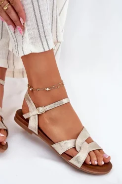 Płaskie Połyskujące Sandały Damskie S.Barski KV51-022 Złote