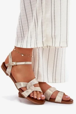 Płaskie Połyskujące Sandały Damskie S.Barski KV51-022 Złote