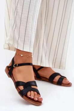 Płaskie Połyskujące Sandały Damskie S.Barski KV51-022 Czarne