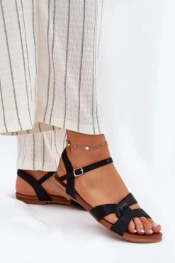 Płaskie Połyskujące Sandały Damskie S.Barski KV51-022 Czarne