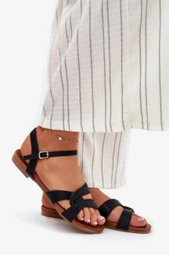 Płaskie Połyskujące Sandały Damskie S.Barski KV51-022 Czarne