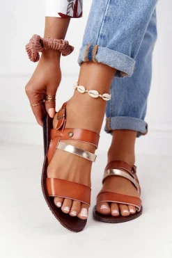 Płaskie Sandały Damskie Brązowo-Złote Doris