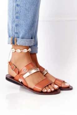 Płaskie Sandały Damskie Brązowo-Złote Doris