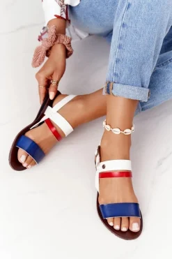 Płaskie Sandały Damskie Granatowo-Białe Doris
