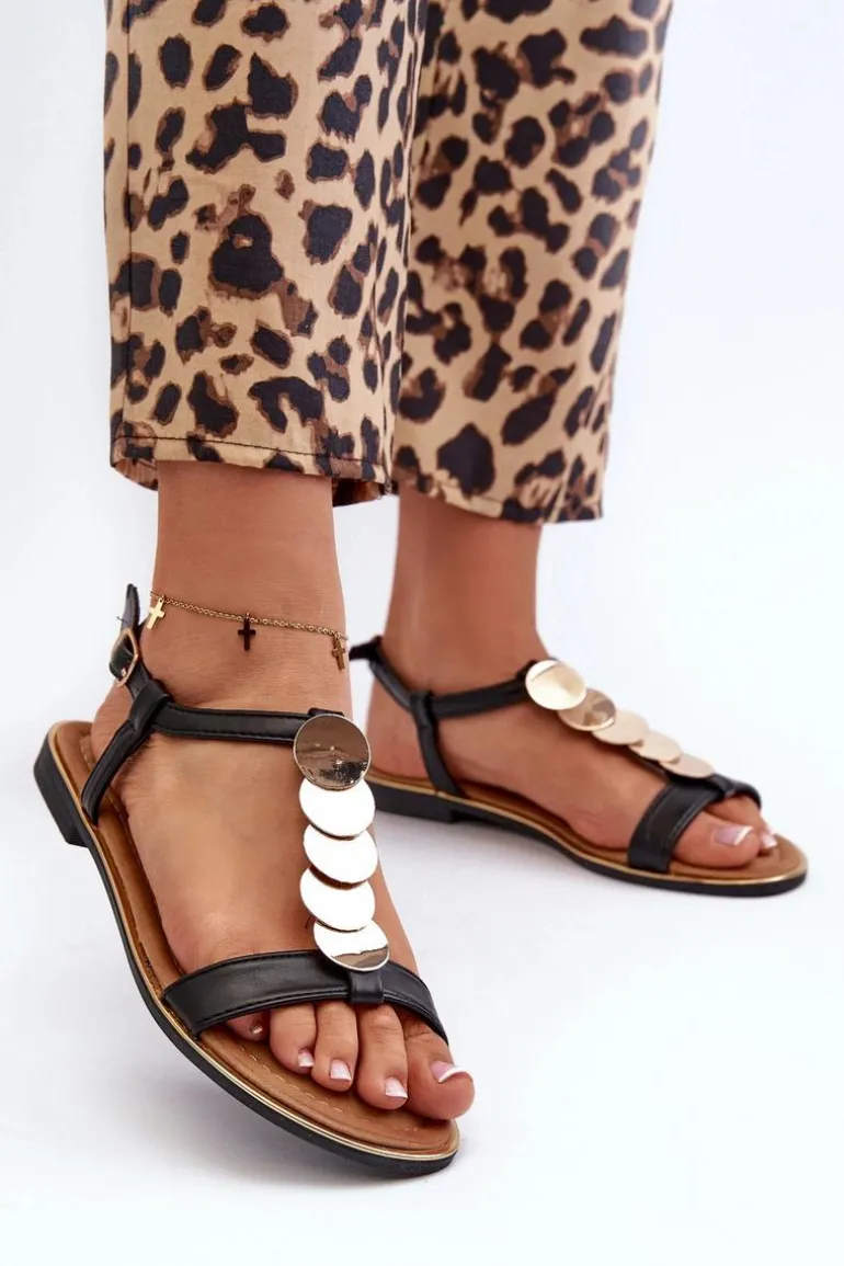 Płaskie Sandały Damskie Z Eko Skóry Czarne Jeritellia