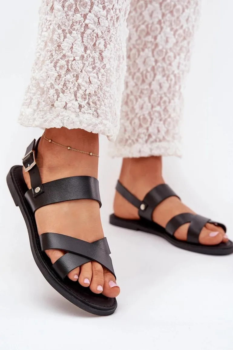 Płaskie Sandały Damskie Z Eko Skóry Czarne Kalira