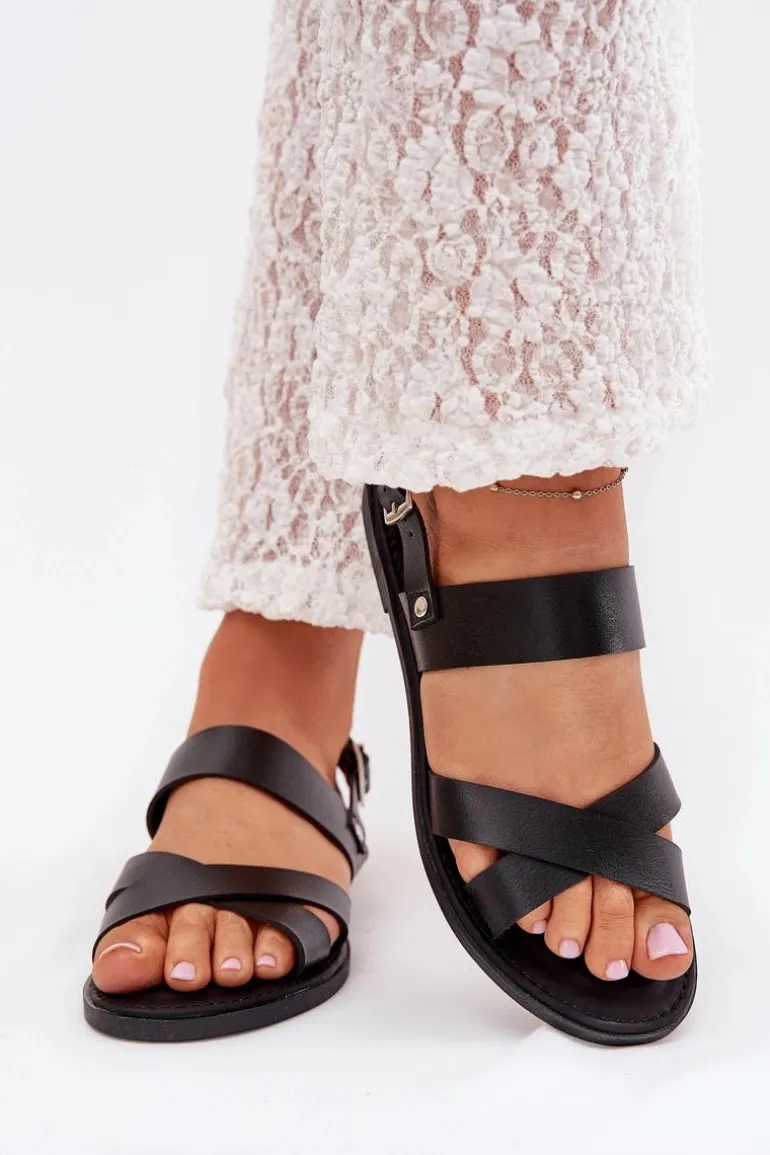 Płaskie Sandały Damskie Z Eko Skóry Czarne Kalira