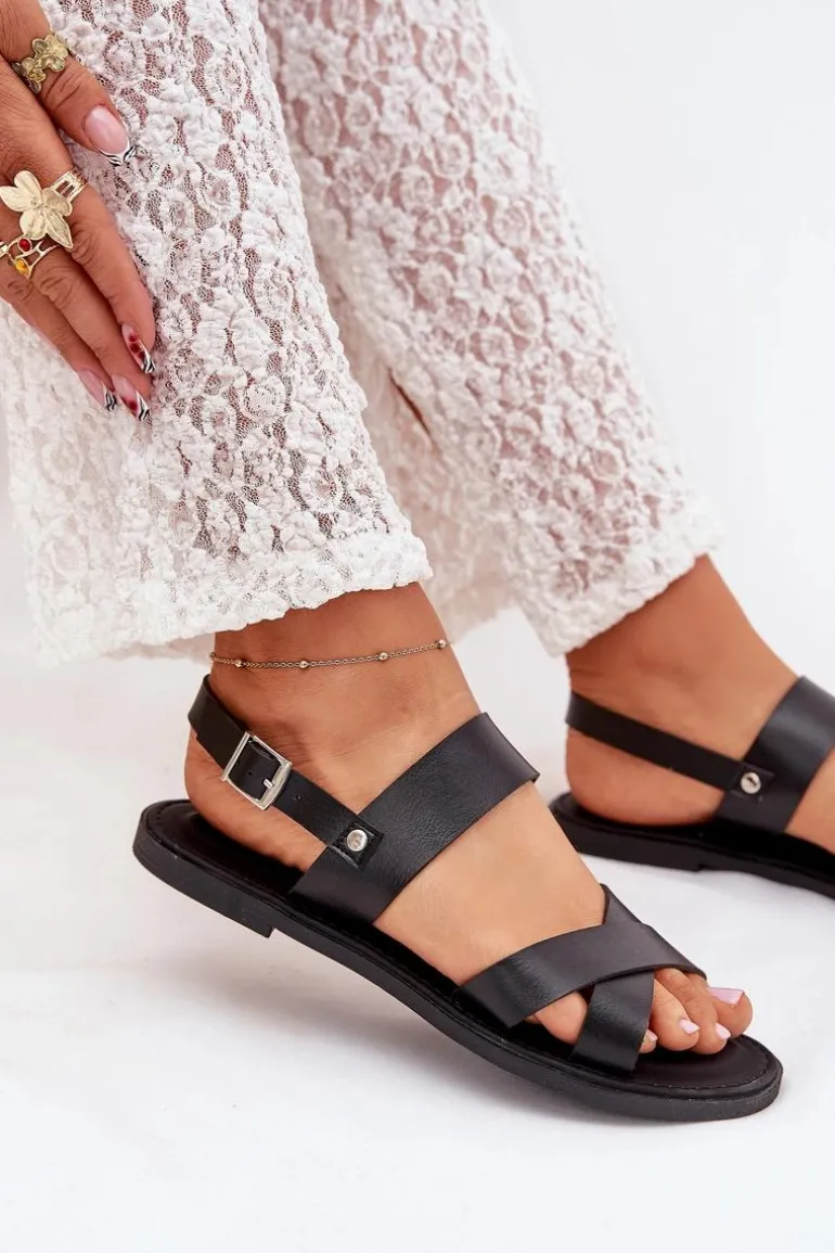 Płaskie Sandały Damskie Z Eko Skóry Czarne Kalira