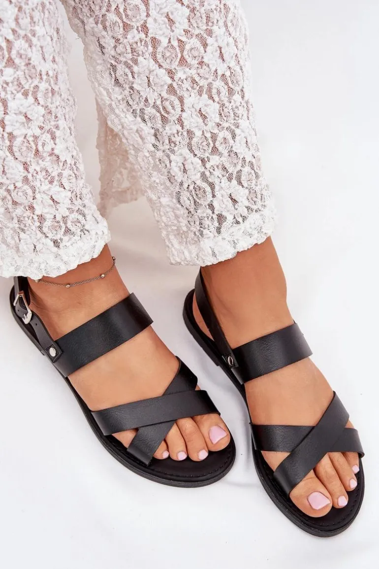 Płaskie Sandały Damskie Z Eko Skóry Czarne Kalira