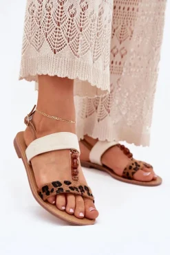 Płaskie Sandały Damskie Z Koralikami Panterka Brązowe Virona