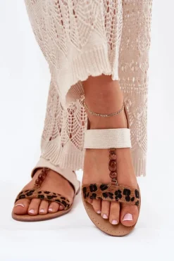 Płaskie Sandały Damskie Z Koralikami Panterka Brązowe Virona