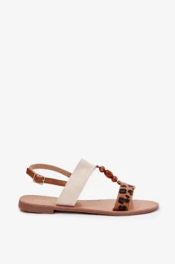 Płaskie Sandały Damskie Z Koralikami Panterka Brązowe Virona