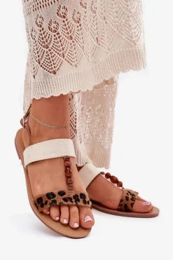 Płaskie Sandały Damskie Z Koralikami Panterka Brązowe Virona