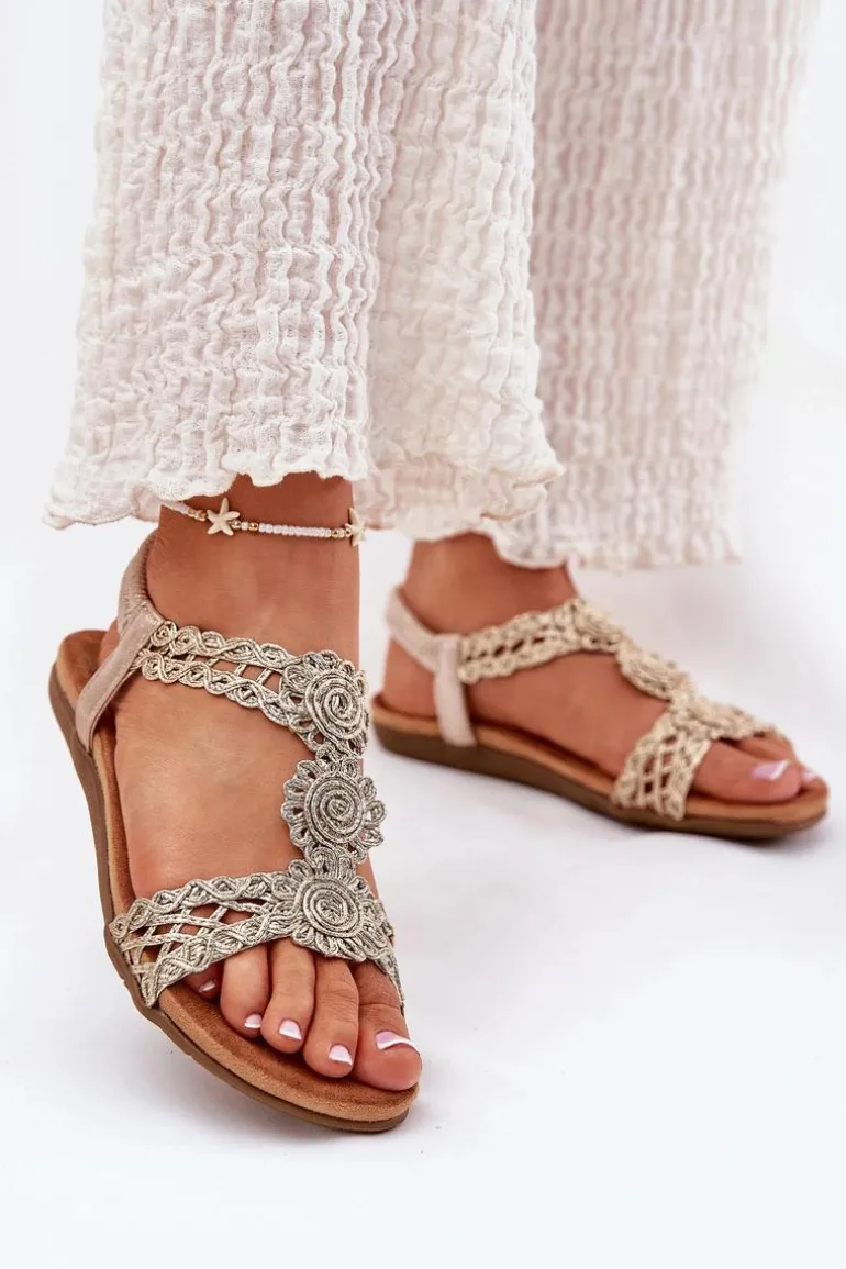 Płaskie Sandały Damskie Z Koronkowym Wzorem Artiker 56C1281 Złote
