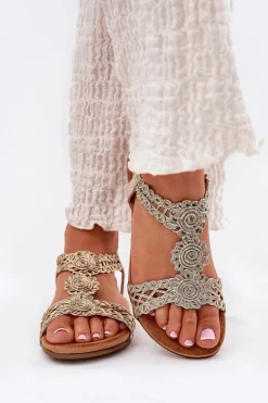 Płaskie Sandały Damskie Z Koronkowym Wzorem Artiker 56C1281 Złote