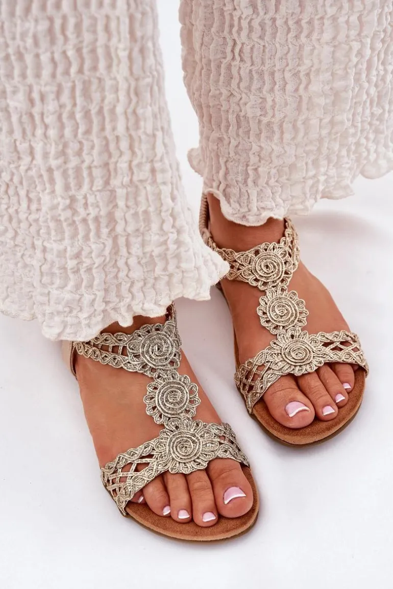 Płaskie Sandały Damskie Z Koronkowym Wzorem Artiker 56C1281 Złote