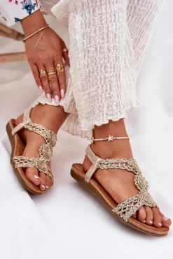 Płaskie Sandały Damskie Z Koronkowym Wzorem Artiker 56C1281 Złote