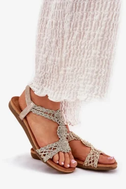 Płaskie Sandały Damskie Z Koronkowym Wzorem Artiker 56C1281 Złote