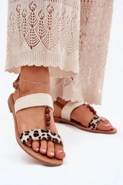 Płaskie Sandały Damskie Z Koralikami Panterka Beżowe Virona