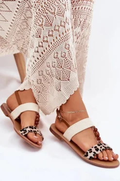 Płaskie Sandały Damskie Z Koralikami Panterka Beżowe Virona