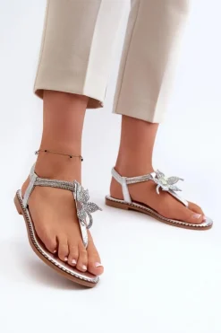 Płaskie Sandały Damskie Z Ozdobnym Kwiatkiem Srebrne Edoni