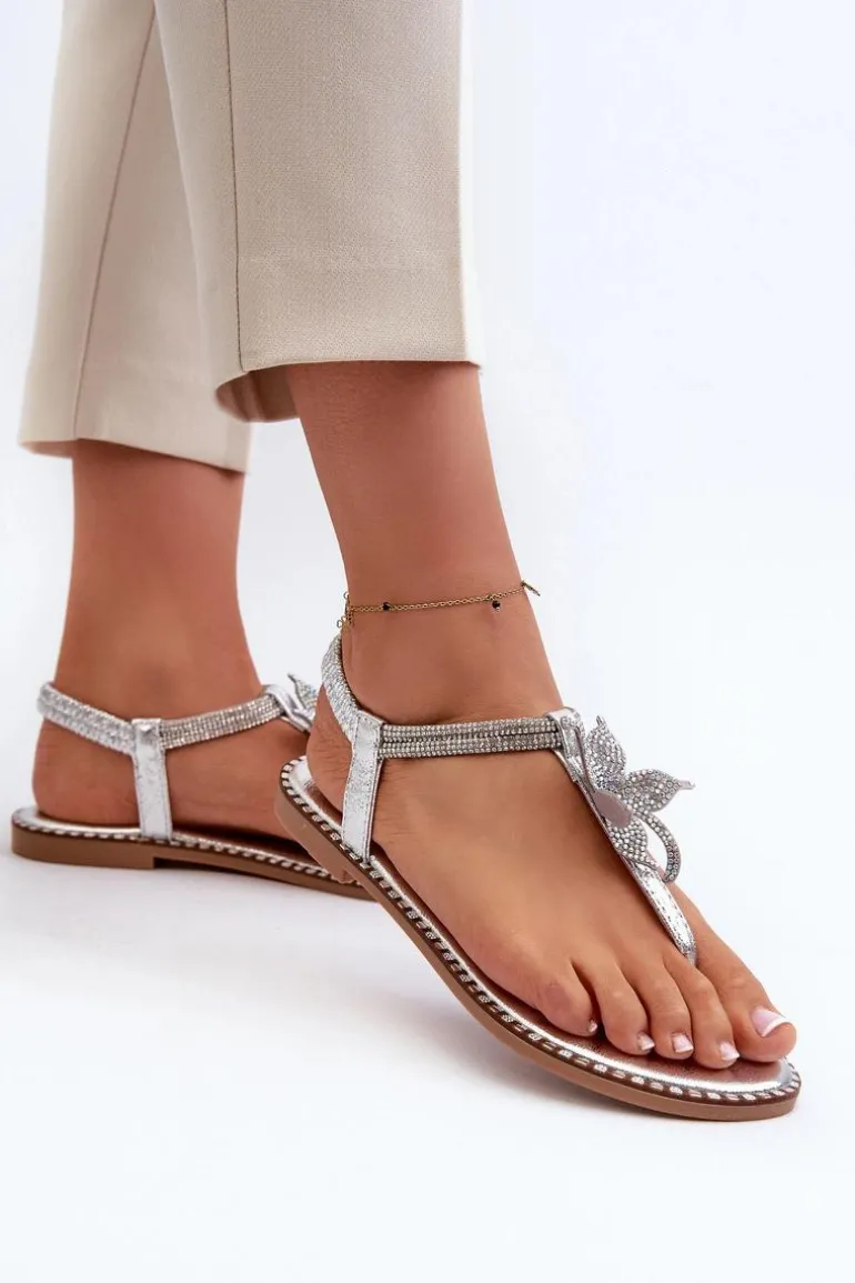 Płaskie Sandały Damskie Z Ozdobnym Kwiatkiem Srebrne Edoni