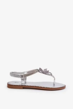 Płaskie Sandały Damskie Z Ozdobnym Kwiatkiem Srebrne Edoni