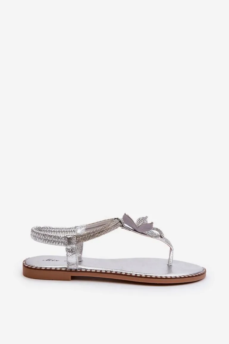 Płaskie Sandały Damskie Z Ozdobnym Kwiatkiem Srebrne Edoni