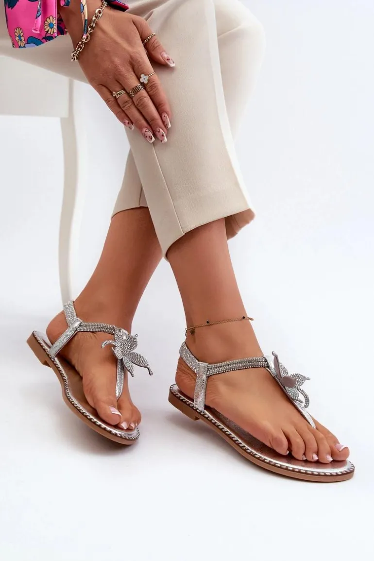 Płaskie Sandały Damskie Z Ozdobnym Kwiatkiem Srebrne Edoni