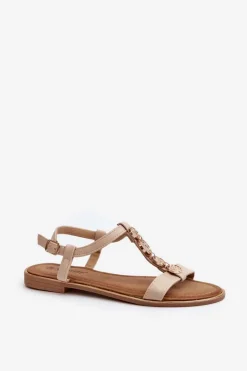 Płaskie Sandały Damskie Z Ozdobami Beżowe Muridia
