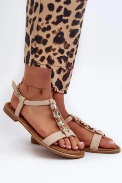 Płaskie Sandały Damskie Z Ozdobami Beżowe Muridia