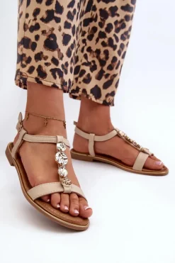 Płaskie Sandały Damskie Z Ozdobami Beżowe Muridia