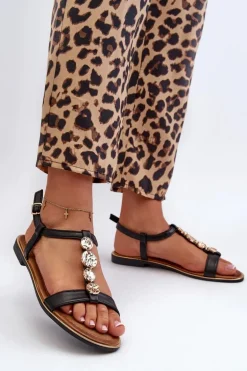 Płaskie Sandały Damskie Z Ozdobami Czarne Muridia