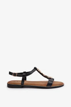 Płaskie Sandały Damskie Z Ozdobami Czarne Muridia