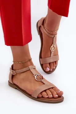 Płaskie Sandały Damskie Ze Złotą Ozdobą Vinceza 17321 Beżowe