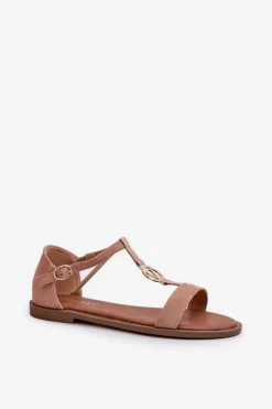 Płaskie Sandały Damskie Ze Złotą Ozdobą Vinceza 17321 Beżowe