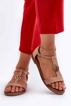 Płaskie Sandały Damskie Ze Złotą Ozdobą Vinceza 17321 Beżowe