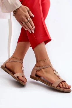 Płaskie Sandały Damskie Ze Złotą Ozdobą Vinceza 17321 Beżowe