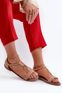 Płaskie Sandały Damskie Ze Złotą Ozdobą Vinceza 17321 Beżowe