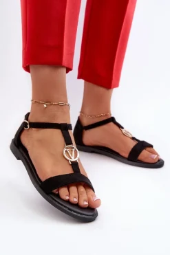 Płaskie Sandały Damskie Ze Złotą Ozdobą Vinceza 17321 Czarne