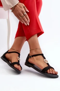 Płaskie Sandały Damskie Ze Złotą Ozdobą Vinceza 17321 Czarne