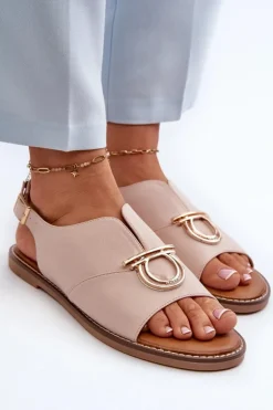 Płaskie Sandały Damskie Ze Złotą Ozdobą Vinceza 17319 Jasnoróżowe